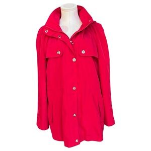 London Fog Full Zip Button Down Hooded Red Raincoat Jacket Windbreaker - Large